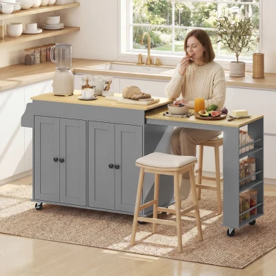 HOMCOM Isla de Cocina con Ruedas Encimera Extensible 4 Puertas Estantes Ajustables Especiero y Soporte para Toallas Gris
