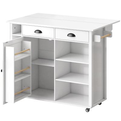 HOMCOM Kücheninsel mit Rollen, klappbare Arbeitsplatte, Gewürzregal, Handtuchhalter, Schrank, 2 Schubladen, 117,5x70x91 cm, Weiß