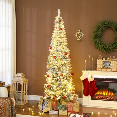 HOMCOM Árvore de Natal Estreita 210 cm Nevada com Luzes LED Bicolores 11 Modos de Iluminação 687 Ramos Suporte Metálico Verde