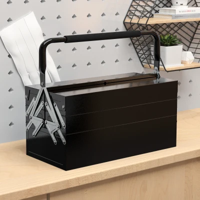 DURHAND Caixa de Ferramentas de Aço Dobrável com 5 Compartimentos Mala de Ferramentas com Pega para Oficina e Casa 45x20x34,5 cm Preto