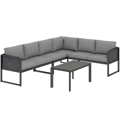 Outsunny Conjunto de Sofá de Canto para Jardim em Metal, 3 Poltronas, Mesa com Efeito Madeira, Cinza Escuro