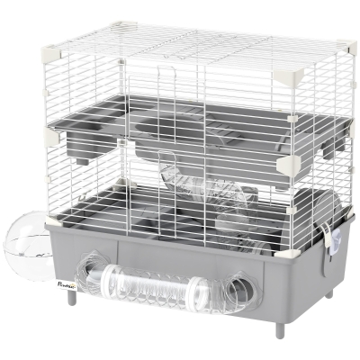 PawHut Cage Hamster 2 Niveaux avec Roue et Salle de Bain 44,5cm Gris