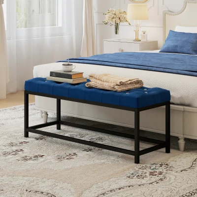 HOMCOM Banco ao Pé da Cama Estofado em Veludo Design Capitoné Base de Metal Banco para Quarto Entrada Sala 117x40x48 cm Azul Escuro