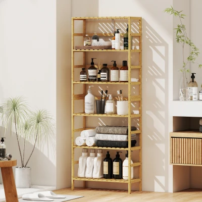 HOMCOM Estante de Bambu de 6 Níveis Prateleiras Ajustáveis para Espaços Pequenos Casa de Banho  Cozinha 60x26x161 cm Madeira