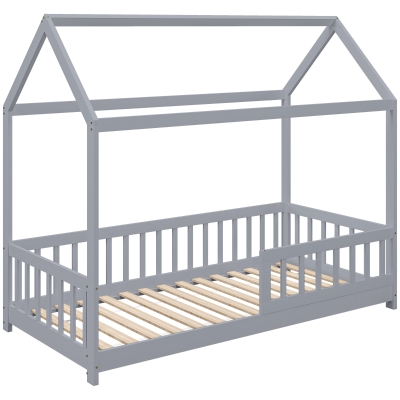 HOMCOM Kids House Bed Frame Pine Wood with Guard Rails Grey