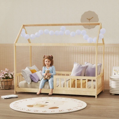 HOMCOM Kids House Bed Pine Wood Single Frame Natural