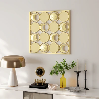 HOMCOM Decoração de Parede Metálica de Fases Lunares com 16 Discos para Sala Quarto Corredor 67,9x67,9 Dourado