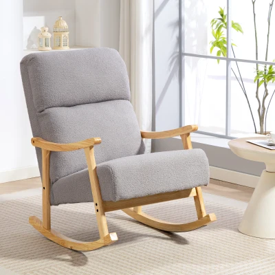 HOMCOM Silla Mecedora de Borreguito con Patas y Reposabrazos de Madera de Caucho Mecedora Carga 120 kg Gris Claro