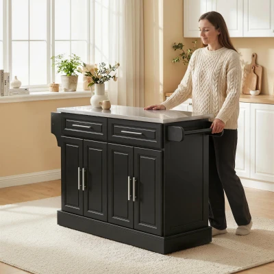 HOMCOM Ilha de Cozinha com Rodas Bancada de Aço Inoxidável 2 Gavetas 4 Portas e 2 Prateleiras Ajustáveis 145x45x93 cm Preto