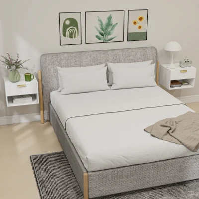 HOMCOM Conjunto de 2 Mesas de Cabeceira Flutuantes Estreitas com Gaveta com Frente Canelada e Prateleira Aberta 40x34x29 cm Branco