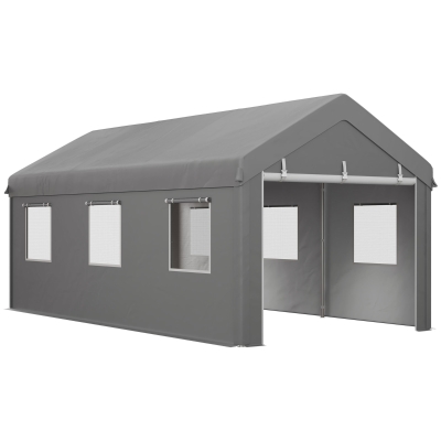 Outsunny Tenda Garagem 295x600x278 cm Tenda de Exterior Resistente com 2 Portas Enroláveis e 6 Janelas Cinzento