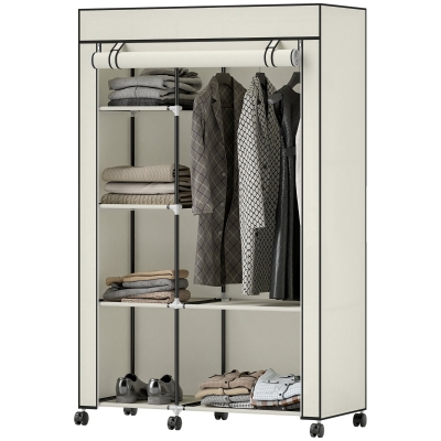 HOMCOM Armoire Tissu Crème 6 Roulettes Tringle 103x43x162,5cm