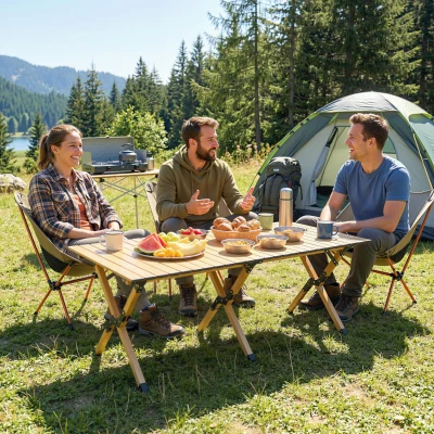 Outsunny Mesa de camping 117 x 60 cm Mesa plegable de aluminio con tablero enrollable aspecto madera Bolsa de transporte impermeable