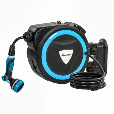 Outsunny Enrouleur Tuyau Mural 14m Pivotant 180° Verrou Bleu