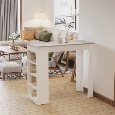 HOMCOM Table de bar pour 2 personnes, table haute mange debout avec 4 étagères ouvertes, 115x50x102,7cm, blanc et gris