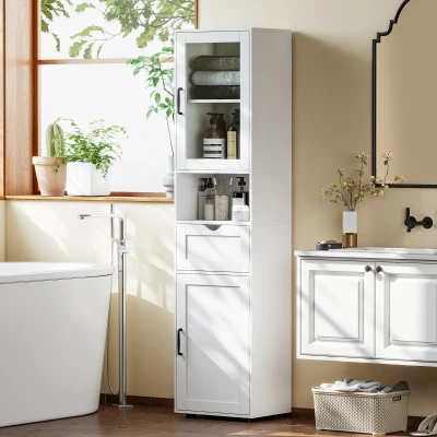 HOMCOM Columna de Baño Estrecha con Puerta de Vidrio Estantes Ajustables Cajón Estante Abierto 40x30x165 cm Blanco