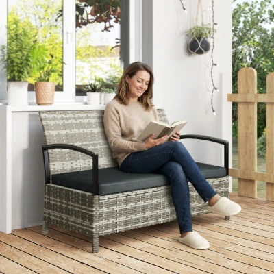 Outsunny Ławka ogrodowa ze schowkiem, 2-osobowa, z poduszką, pojemnik 125L, rattan PE, 123 x 70 x 82 cm, ciemnoszara
