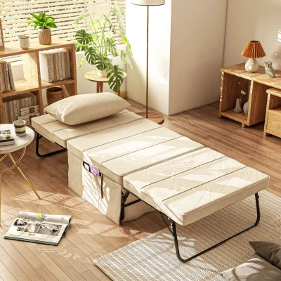 HOMCOM Sofá Cama 4 em 1  Estofado em Linho com Encosto Ajustável em 5 Níveis e Almofada Acolchoada  75x80x74 cm Creme