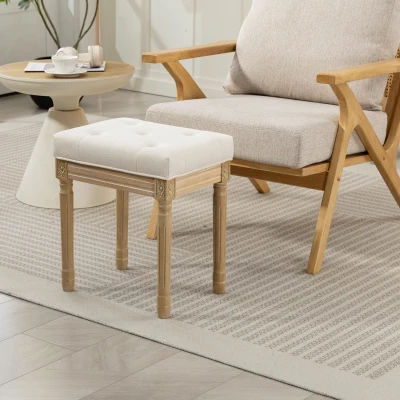 HOMCOM Reposapiés Salón Estilo Rústico Tapizado en Lino Sintético con Madera Maciza Patas Talladas Asiento Acolchado Beige