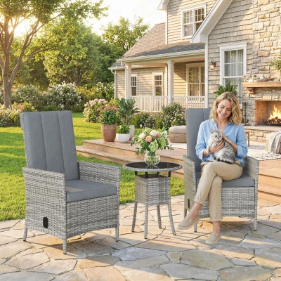 Outsunny Rattan Bistro Set Reclining Chairs Table Light Grey