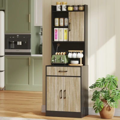 HOMCOM Küchenschrank mit Arbeitsfläche und Kabelloch, moderne Küchenkommode mit Schublade, 3 offene Regale, Naturholz, Schwarz