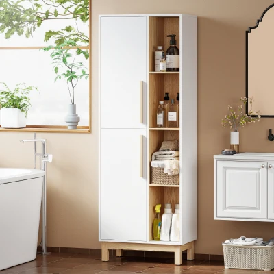 HOMCOM 176 cm großes Bücherregal, 4 offene Regale, 2 Schränke, freistehender Bücherschrank, MDF, Weiß