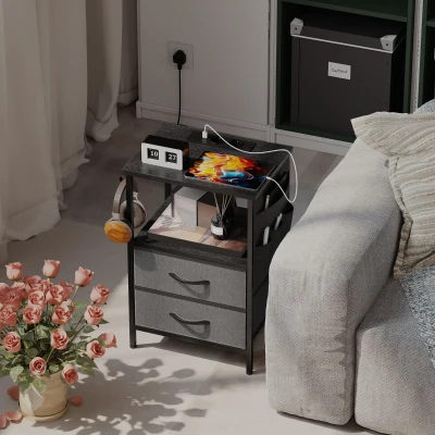 HOMCOM Couchtisch Beistelltisch mit Ladestation, Stahlrahmen, USB-C-Anschlüssen, Schubladen, Haken, 40cm x 30cm x 60cm Schwarz