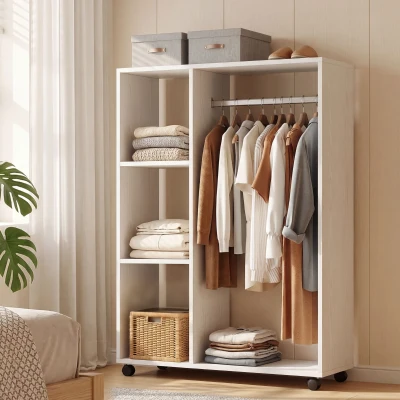 HOMCOM Kleiderschrank auf Rollen, mobile Garderobe, Garderobenschrank, Rollbarer Kleiderständer, 80 x 40 x 128 cm, Weiß