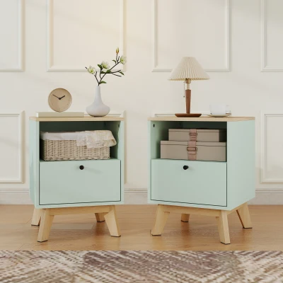 HOMCOM Set de 2 noptiere, noptiere cu sertar și compartiment deschis, 40 x 40 x 55 cm, stejar și verde deschis