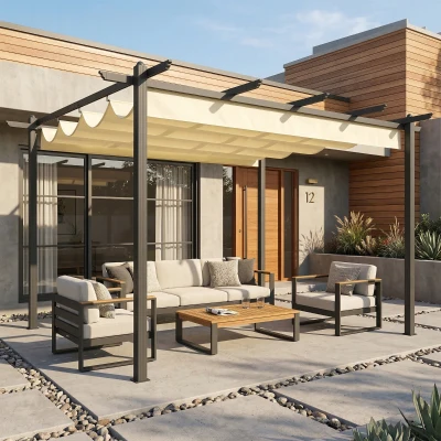 Outsunny Pérgola de Jardim 4x3 m com Telhado Retrátil Estrutura de Alumínio UPF30+ Orifícios de Drenagem Pérgola de Exterior Creme