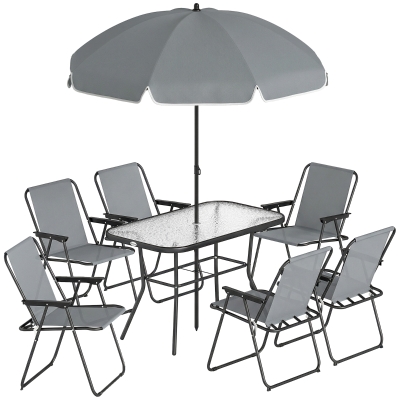 Outsunny Conjunto de Mesa y Sillas Jardín de 8 Piezas con Sombrilla 6 Sillas Plegables Mesa de Vidrio Templado Gris