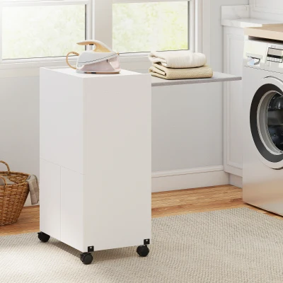 HOMCOM Table à Repasser Pliante sur Roulettes avec Rangement Blanc