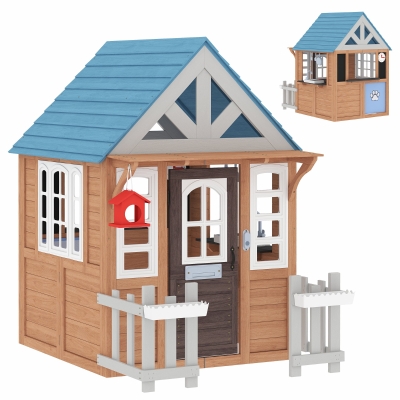 AIYAPLAY Außen-Spielhaus aus Holz, Kinderhaus außen/innen mit Katzenklappe, Spielküche, braun