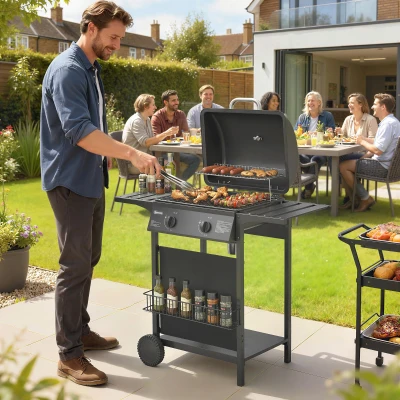Outsunny Barbecue a Gás BBQ com 2 Queimadores de 5 kW Termómetro Mesas Laterais Prateleira Grelha de Aquecimento 2 Rodas Preto