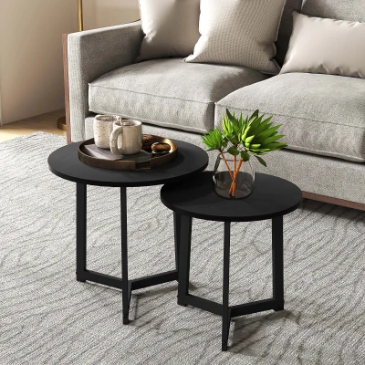 HOMCOM Moderner Couchtisch als 2er-Set, Metallrahmen, MDF, Rundes Design, ineinander verschiebbar, Schwarz