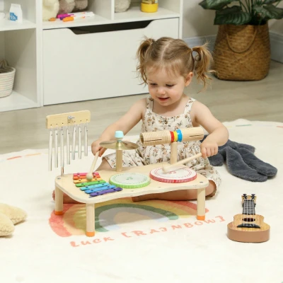AIYAPLAY Kindermusikinstrumente aus Holz im Montessori-Stil mit Trommel, Xylophon, Doppeltonglocke, Becken, Windglocke