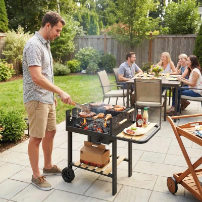 Outsunny Chariot Barbecue Bois Charbon Roulettes Noir