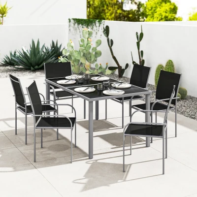 Outsunny Salon de Jardin 7 Pièces Table Verre Noir Chaises Empilables