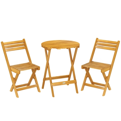 Outsunny Set bistro pliant 3 piese din lemn de acacia cu masă rotundă și 2 scaune, fără asamblare, 60x60x75cm, Natural