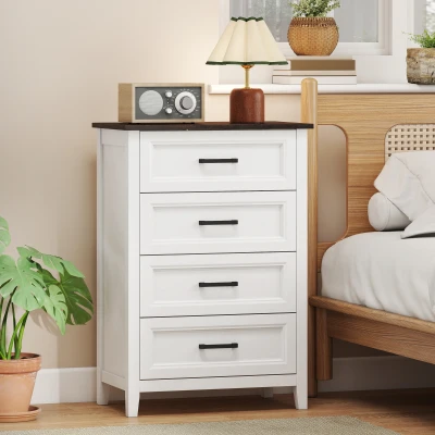 HOMCOM Cómoda 4 Gavetas Cómoda de Dormitório Estreita e Alta com Bancada com Efeito Madeira 60x35x87 cm Branco