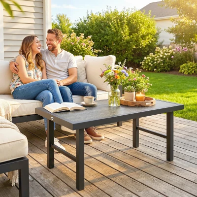 Outsunny Metal Coffee Table Outdoor Woodgrain Top Dark Grey