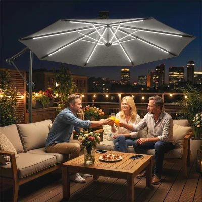 Outsunny Cantilever Parasol 3m LED Solar Grey