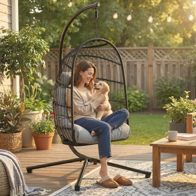 Outsunny Hangstoel met Standaard Opvouwbare Polyrattan Mand met Kussen Veiligheidsgordel Hoofdkussen Banden, Verstelbare Hoogte