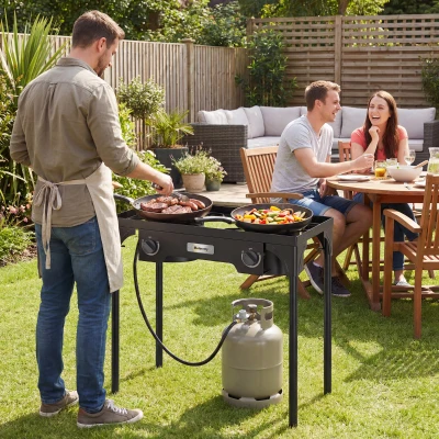 Outsunny Double Burner Camping Gas Stove Black Detachable Legs