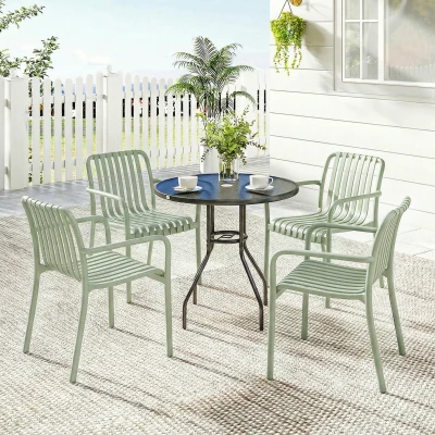 Outsunny 4er-Set stapelbare Gartenstühle aus UV-beständigem Polypropylen mit Armlehnen und ergonomischer Lattenrückenlehne - Grau-Grün