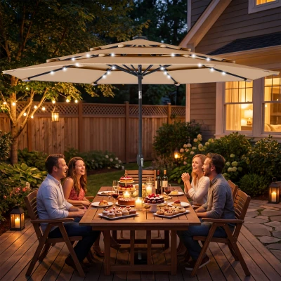 Outsunny 3-Tier Garden Parasol with LED, Khaki