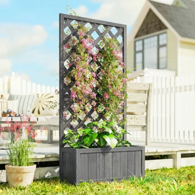 Outsunny Wood Planter with Trellis Raised Bed Grey
