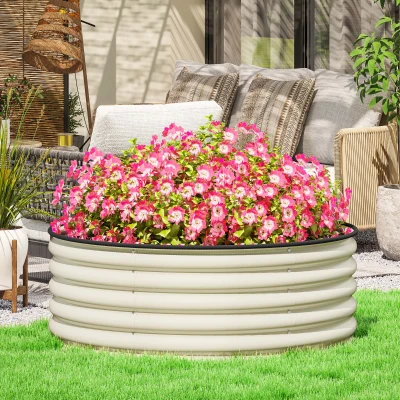 Outsunny Galvanised Raised Garden Bed with Safety Edging, Outdoor Raised Planter Box with Gloves, 120 x 120 x 43cm, Cream Whtie