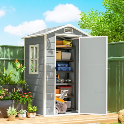 Outsunny Plastic Garden Shed Lockable 4x3ft Light Grey
