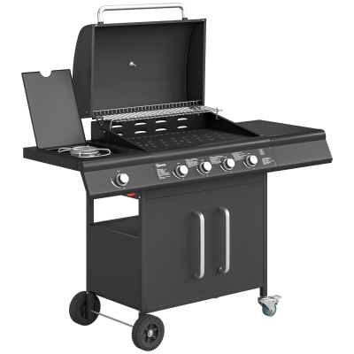 Outsunny 4+1 Burner Gas BBQ Grill with Cabinet, Trolley, Black